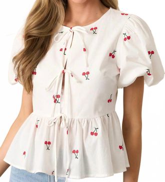Flying Tomato Cherry Me Embroidered Cotton Top In Ivory