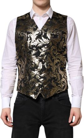 Dolce & Gabbana Black Gold Jacquard Formal Men Waistcoat Mens Vest