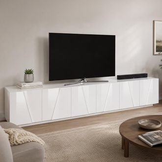 Dmora Dmora - Mueble De Televisi&oacute;n Dgil, Aparador Bajo Para Sal&oacute;n, Base Soporte Tv, 100% Made In Italy, Cm 244x44h46, Blanco Brillo