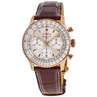 Breitling Navitimer B01 Chronograph 41 Silver Dial 18kt Rose Gold Leather Strap Mens Watch RB0139211G1P1