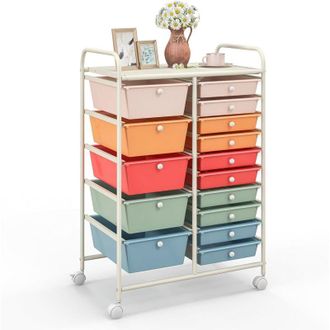 Costway Carrito Auxiliar Almacenamiento Con 15 Cajones Apilables Y Ruedas Estructura Met&aacute;lica, Carro Organizador Para Cocina Restaurante (multicolor+marco Bla