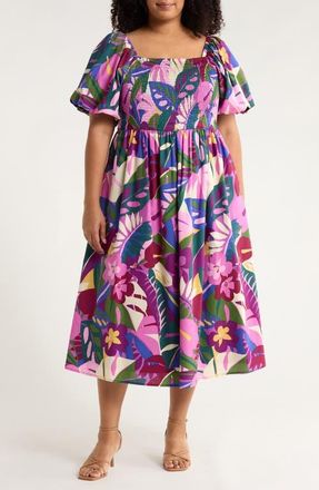 Sugarlips Blain Floral Maray Smocked Cotton Midi Dress in Purple Multi at Nordstrom, Size 2X
