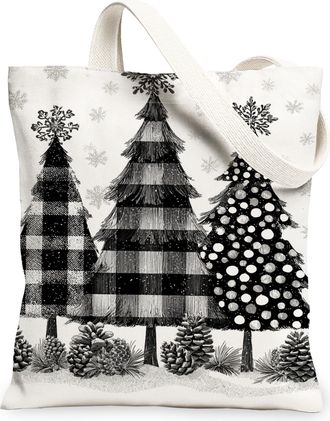 Generic Christmas Trees Canvas Tote Bags, Rustic Pine Design Reusable Grocery Bags, Holiday Lightweight Washable Shoulder Strap for Outdoor Picnic 13x15 Inch
