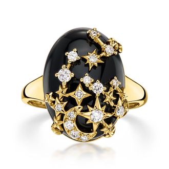 Ross-Simons Black Agate and Lab-Grown Diamond Moon and Stars Ring in 18kt Gold Over Sterling