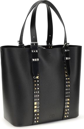 Valentino Garavani Mens Rockstud Medium Tote Bag Nero Calf Leather Bos Taurus Shoulder