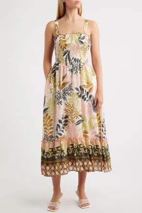 Julia Jordan Smocked Sleeveless Maxi Dress in Ivory Multi at Nordstrom, Size 16
