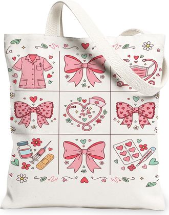 Generic Cute Bow Canvas Tote Bags, Floral Pattern Reusable Grocery Bags, Spring Vintage Chic Lightweight Washable Shoulder Strap Ca, Peach, 13x15 Inch