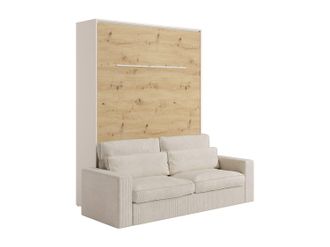 Vente-Unique Cama abatible 160 x 200 cm - Apertura vertical manual - Con LEDs - Beige y natural + Sof&aacute; - RAPILI