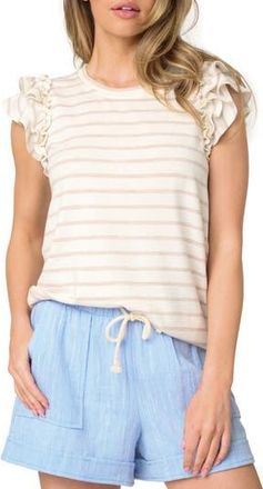 Gibsonlook Butterfly Stripe Ruffle Cap Sleeve Top in Wheat Stripe at Nordstrom Rack, Size Xx-Large