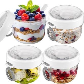 OEM Juego De 4 Tarros Para Avena Nocturna (incluye Tapa Y Cuchara), Tarros De Pl&aacute;stico Grandes De 590 Ml Para Avena Nocturna, Fruta