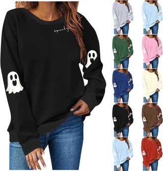 Generic Spooky Season Sweatshirts Halloween Ghost Print Sweatshirt Women Halloween Graphic Long Sleeve Crewneck Tops Casual Loose Sweater Cute Fall Ladies Jum