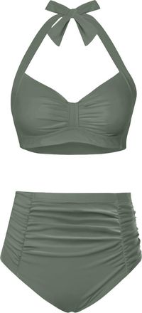 Holipick Women High Waisted Ruched Bikini Vintage Tummy Control Swimsuit Retro Two Piece Bathing Suits with Halter Top, Olive Green, X-Large