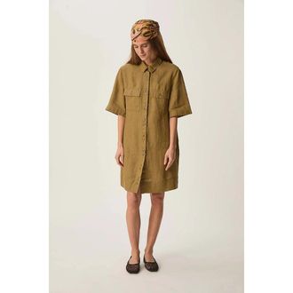 des petit hauts Korte linnen jurk met overhemdkraag ROBINSON