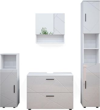 Vicco Conjunto De Muebles De Ba&ntilde;o Irma, Blanco Alto Brillo, 4 Piezas, Con Cajonera Y Armario Alto
