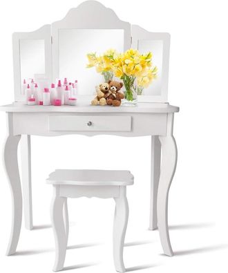 Costway Costway - Tocador Con Taburete Y Espejo Para Ni&ntilde;a De Mdf Y Madera Mesa De Maquillaje Con Caj&oacute;n 70x34x103 Cent&iacute;metros (blanco)