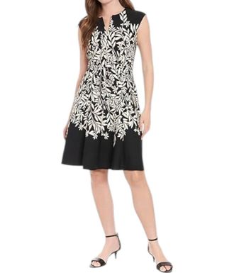 London Times Split Neck Fit And Flare Dress In Black/cream