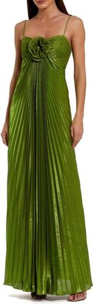 Mac Duggal Thin Strap Pleated Metallic Gown With 3D Flower in Apple Green at Nordstrom, Size 16