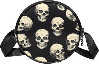 Generic Circle Crossbody Bag for Women, Black and White Skulls Small Sling Bag Daypack with Zipper Adjustable Shoulder Straps Casual Ladies Girls Round Purse
