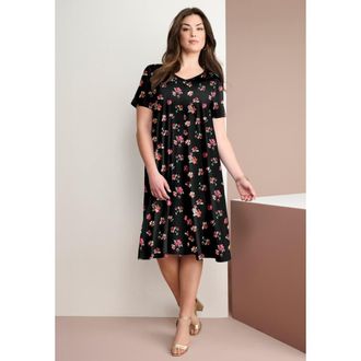 Roaman's Plus Size Short Sleeve Sleeve Swing Dress in Black Brushed Flowers at Nordstrom, Size 28P