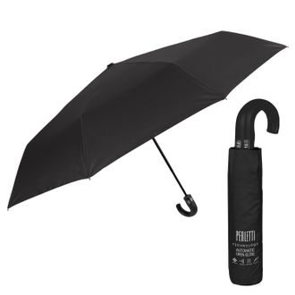 Perletti Mens Portable Umbrella with Curved Handle - Ultra-Light Windproof Durable Umbrella - Compact Automatic Open and Close Umbrella - Diameter 104 cm, Blac
