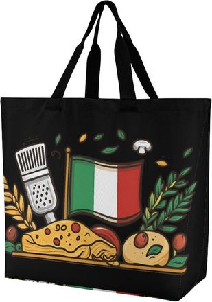 Generic Italian Flag Pizza Food Tote Bag Reusable Grocery Shopping Bags Large Travel One Shoulder Handbag for Picnic Work