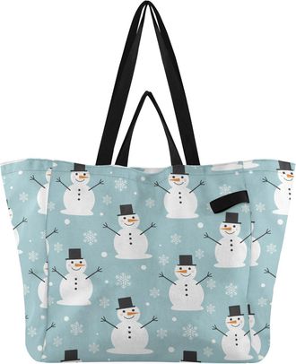 Generic Winter Snowman Blue print Reusable Canvas Tote Bag, Heavy Duty Grocery Shopping Bag with Hard Bottom Large Capacity Double Handles Work Groceries Trav