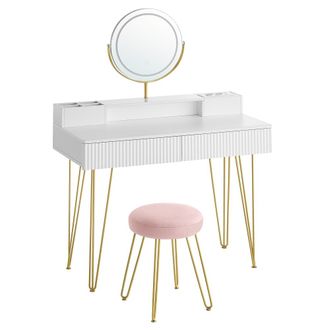 Vasagle Tocador con taburete e iluminaci&oacute;n de color blanco y dorado