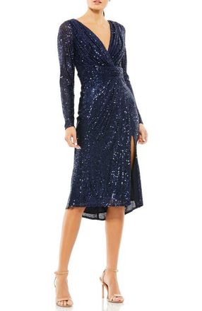 Mac Duggal Sequined Long Sleeve Midi Dress in Midnight at Nordstrom, Size 14