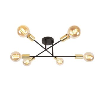 QAZQA Qazqa - Industrial Plaf&oacute;n Industrial Negro Con Dorado 6 Luces - Sydney Acero Alargada Adecuado Para Led Max. 6 X 40 Watt