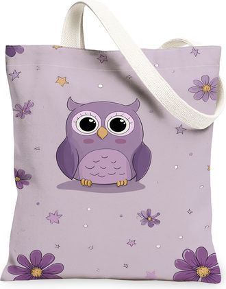 Generic Fanciful Owl Canvas Tote Bags, Cute Floral Pattern Reusable Grocery Bags, Lightweight Washable Shoulder Strap Canvas for Sh, Violet, 13x15 Inch