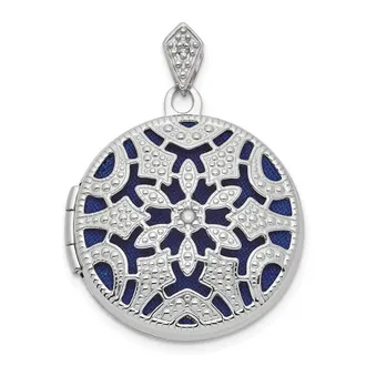 Diamond2Deal 14k White Gold Diamond Filigree Blue Fabric Interior 20mm Round Locket