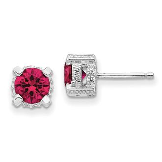Diamond2Deal Sterling Silver Rhodium-plated 6.5mm Lab Created Ruby and White CZ Stud Earrings