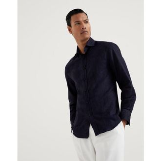 Brunello Cucinelli Mens Navy Cotton Linen Jacquard Shirt, Size 3XL