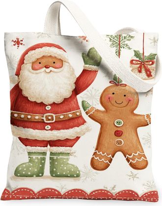 Generic Christmas Santa Gingerbread Canvas Tote Bags, Festive Holiday Design Reusable Grocery Bags, Lightweight Washable Shoulder S, Red, 13x15 Inch