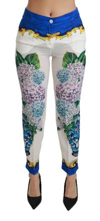 Dolce & Gabbana Dolce en Gabbana Witte Hortensia Rechte Midden Taillezijde Zijde Broek