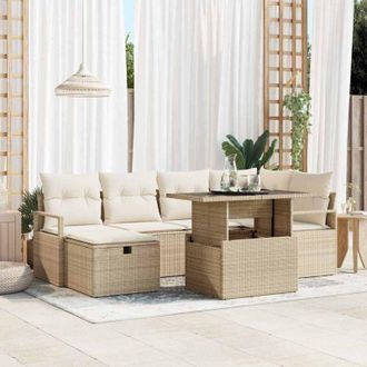 vidaXL Vidaxl - Conjunto De Sof&aacute; De Jard&iacute;n Con Coj&iacute;n 7 Pcs Beige Polirat&aacute;n
