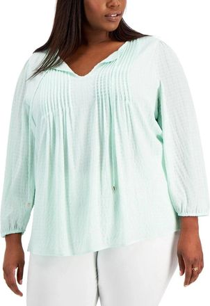 Tommy Hilfiger Top Women 1X Plus Green Tie Neck Pintucked Peasant Blouse FTS1528