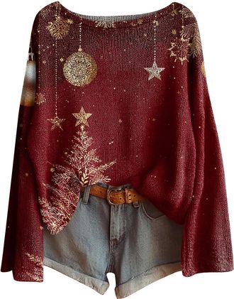 Generic Funny Christmas Jumper for Women, Long Sleeve Loose Fit Boat Neck Sweater Pullover, Festive Knitted Jumper with Multiple Designs for Holiday & Casual 