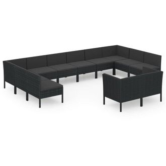 vidaXL Set Muebles De Jard&iacute;n 12 Pzas Y Cojines Rat&aacute;n Sint&eacute;tico Negro Vidaxl