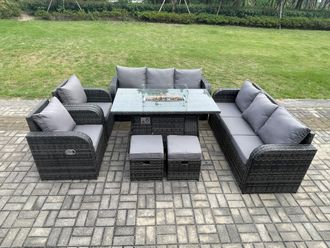 Fimous Garden Patio Furniture Wicker Rattan Gas Fire Pit Table & Sofa Chair set with 2 Small Footstools in Dark Grey