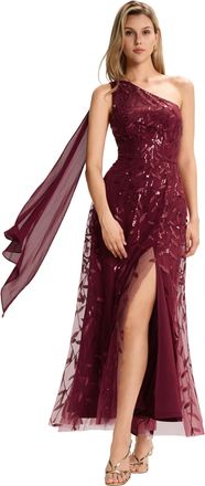Ever-pretty Womens Maxi Off-Shoulder Sequined Ribbon Evening Dress with Adjustable Straps Burgundy 12