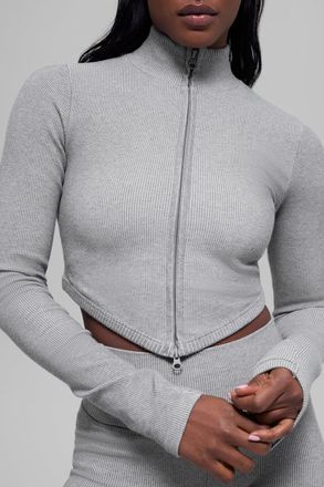 Alo | Seamless Two Tone Rib Jacket in Light Misty Grey Heather, Size: Medium