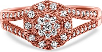 House of Brilliance 14K Rose Gold Plated.925 Sterling Silver 1/2 Cttw Pave Diamond Halo Cluster Split Shank Cocktail Ring