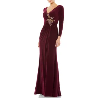 Mac Duggal Faux Wrap Long Sleeve Appliqu&eacute; Detail Gown in Berry at Nordstrom, Size 16