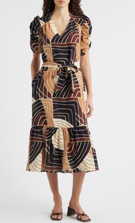 Ciebon Merl Tie Waist Midi Dress in Chocolate Multi at Nordstrom, Size X-Large