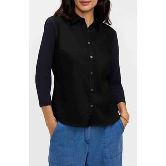 Foxcroft Dina Knit Three Quarter Sleeve Button-Up Shirt in Black at Nordstrom, Size Large
