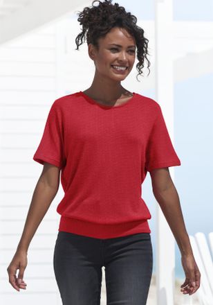 Vivance Kurzarmshirt VIVANCE mit breitem Bund, Damen, Gr. 32/34, rot (korallenrot), Feinstrick, Obermaterial: 55% Polyester (REPREVE), 43% Viskose, 2% Elastha