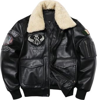 Generic Men Wool Collar Air Force Flight Jacket Natural Cowhide Genuine Leather Coat Embroidery Jackets Black L