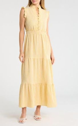 London Times Stripe Ruffle Sleeveless Tiered Maxi Dress in Yellow at Nordstrom Rack, Size 18