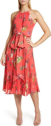 Eliza J Floral Print Pleated Midi Dress in Pink at Nordstrom Rack, Size 6